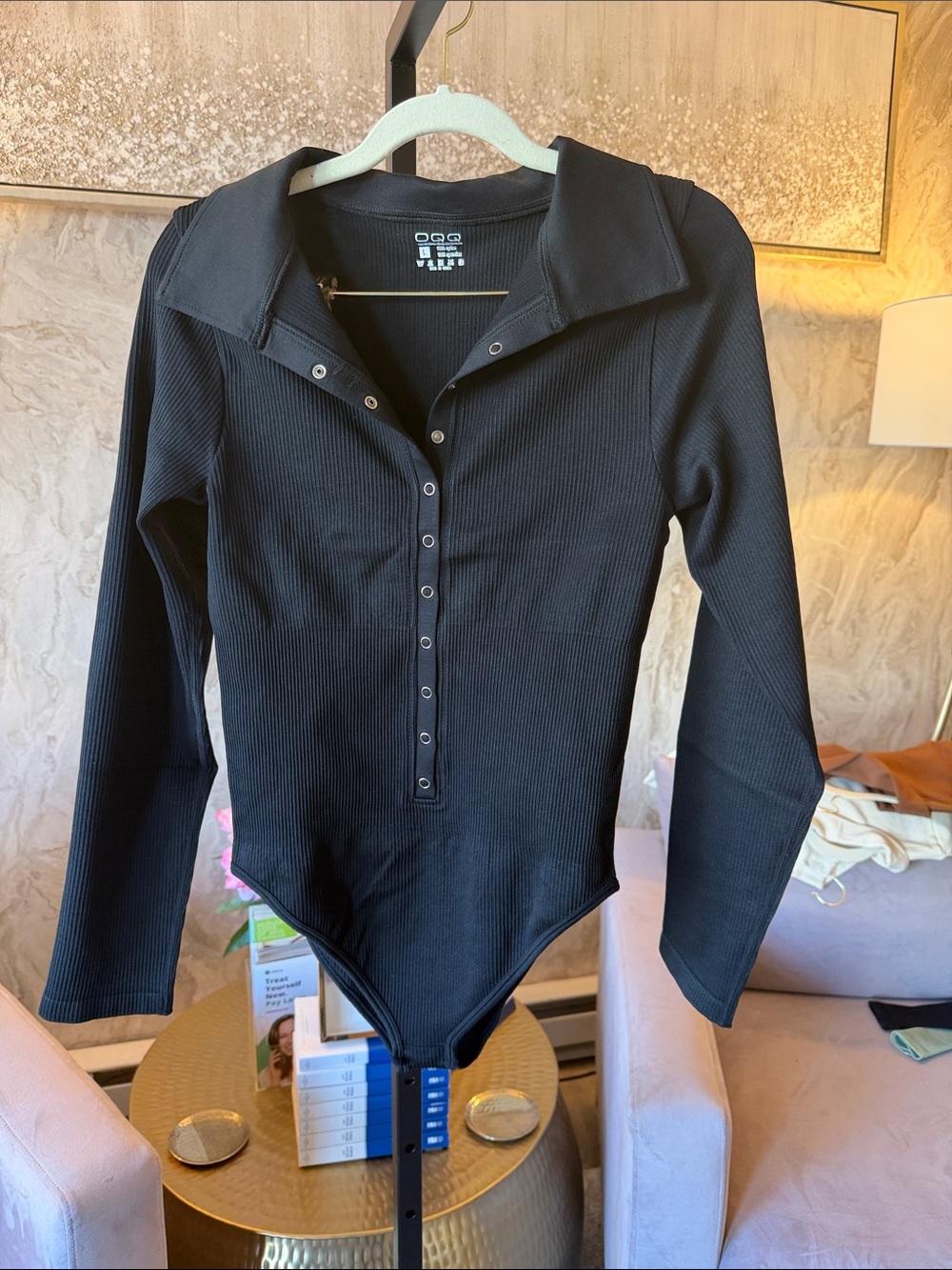 Ribbed Long-Sleeve Snap-Front Black Bodysuit Jumpsuit